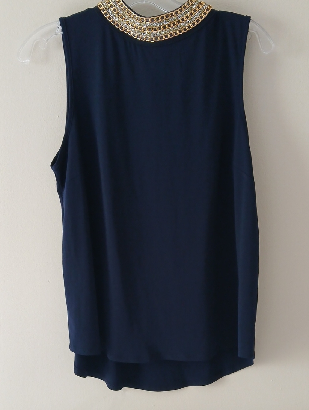 Moa Moa Navy Blue Sleeveless Blouse with Gold Beaded Collar